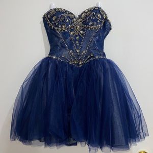 Sherri Hill Beaded Fitted Short Dress in Navy Blue